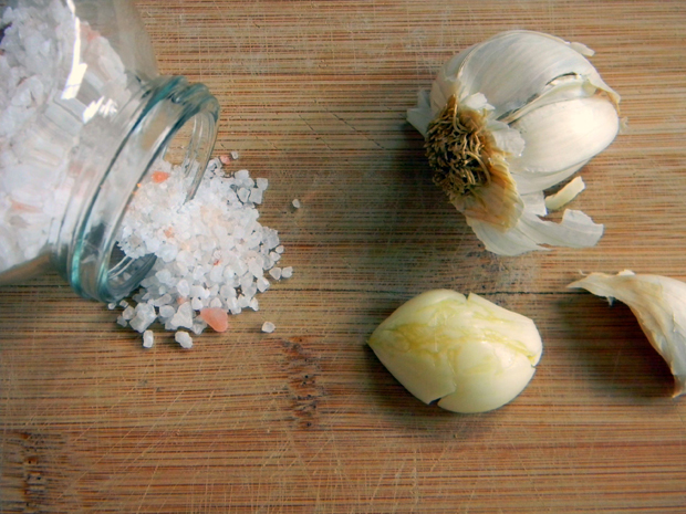 salt & garlic salt and garlic on a chopping board