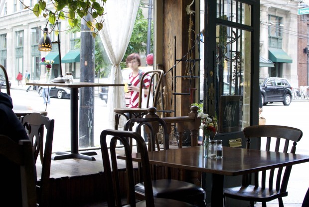 A cafe with window seating
