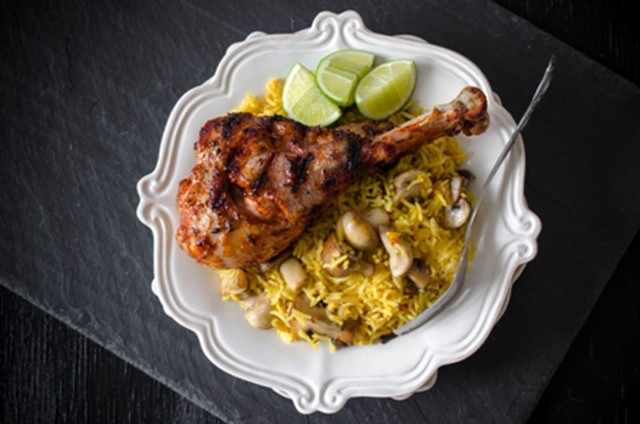 MPJ Bbq Tandoori Turkey Drumsticks w Spiced Mushroom medley pilaf TT