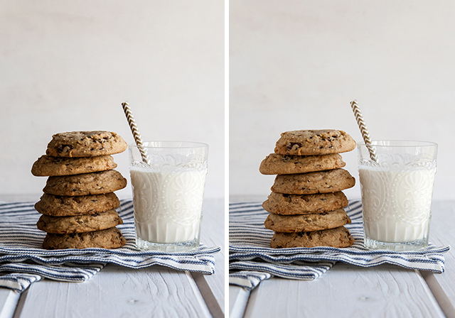 The image on the left uses a blackboard to the left of the scene to create dark shadows.  The images on the right uses a white board to the left of the scene to reflect light on the subject and give a bright airy feel