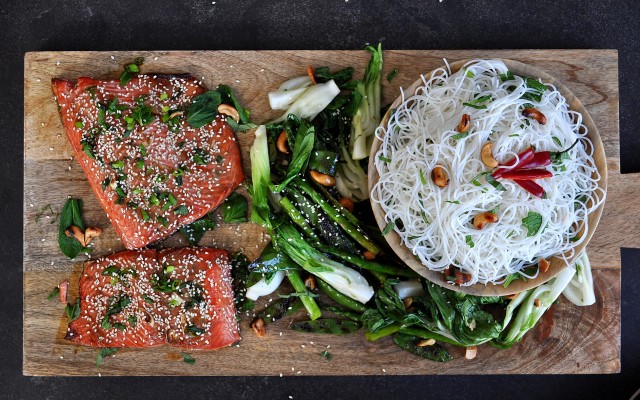 On Board: Soy-Glazed Salmon with Blistered Spring Vegetables & Rice Noodles