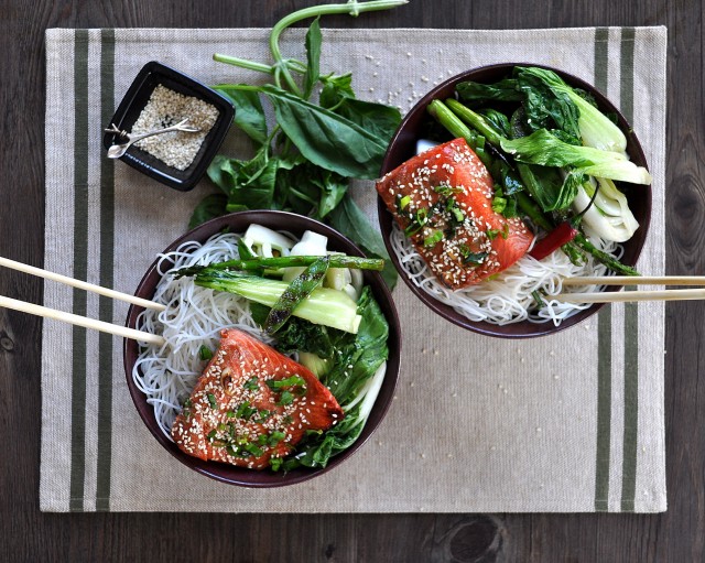 On Board: Soy-Glazed Salmon with Blistered Spring Vegetables & Rice Noodles | Food Bloggers of Canada