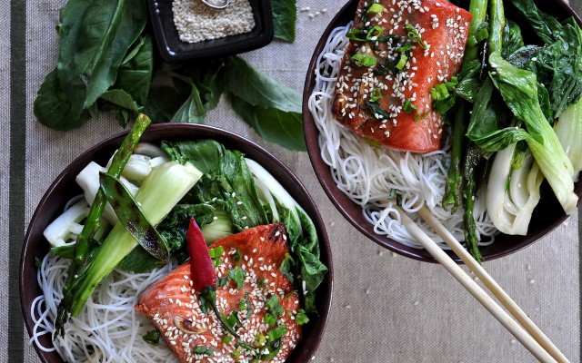 On Board: Soy-Glazed Salmon with Blistered Spring Vegetables & Rice Noodles | Food Bloggers of Canada