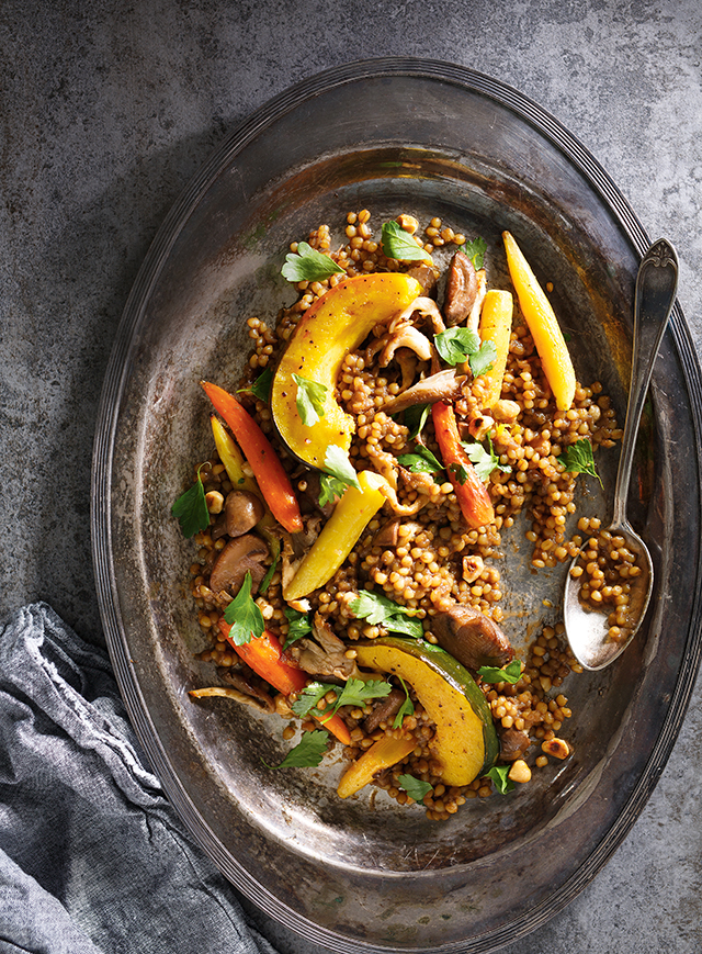 Ricardo’s wheat Berry Risotto with Mushrooms, Roasted Vegetables and Hazelnuts