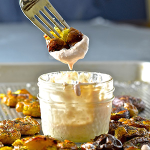 Dilly Smashed Baby Potatoes with Creamy Horseradish Dip | A Virtual Vegan