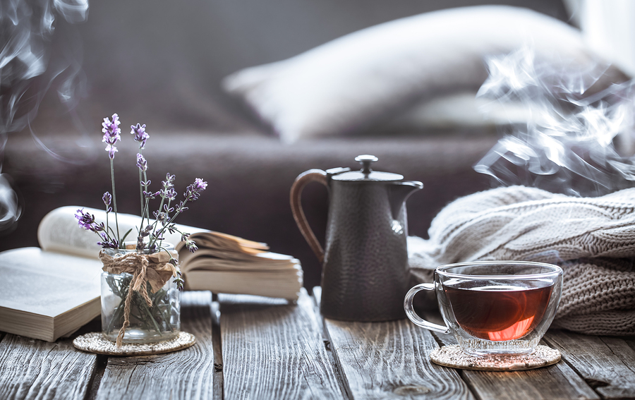 Tea and books on a table
