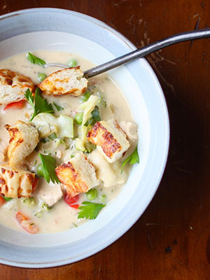 Rosemary Vegetable Soup with Cheese Bread Croutons