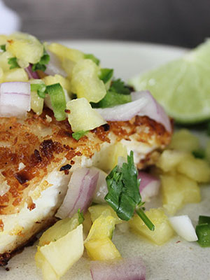 Coconut Crustred Halibut with Spicy Pinapple Salsa