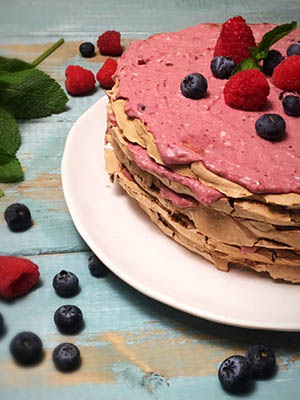 Chocolate Meringue Layer Cake with Raspberries