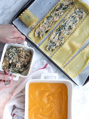 Spinach Goat Cheese Roll-Ups With Creamy Butternut Squash | Bon Appeteat