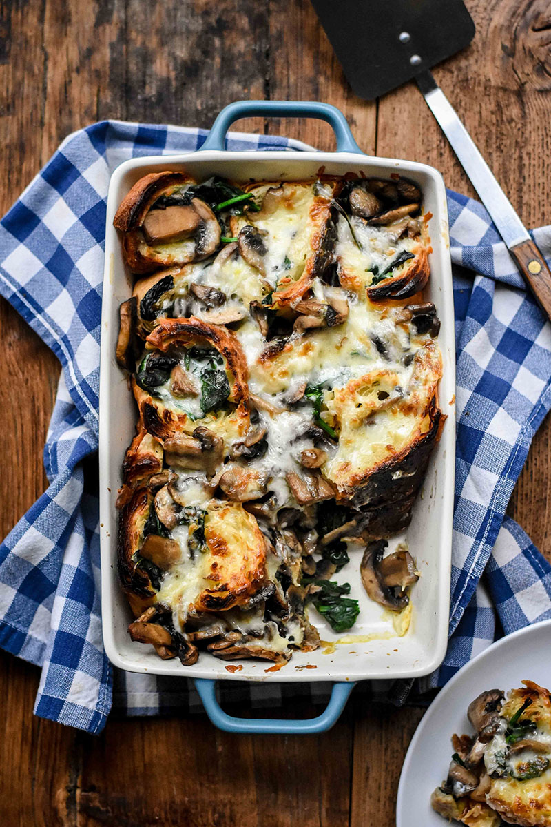 Savoury Croissant Casserole with Mushrooms, Spinach and Cheese | Pardon Your French 