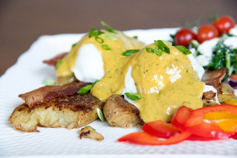 Smashed Potato Bacon Benny with Creamy Fenugreek Sauce | Primal Desire