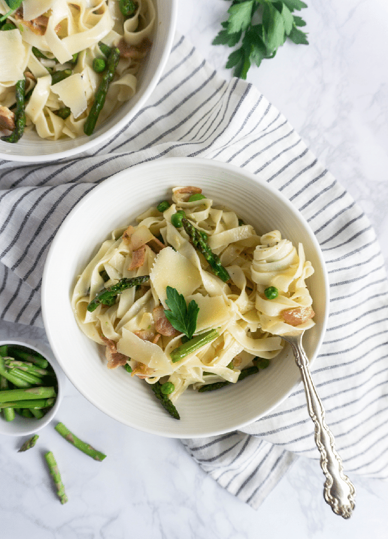 Fettucine with Bacon, Peas and Asparagus | Pina Bresciani