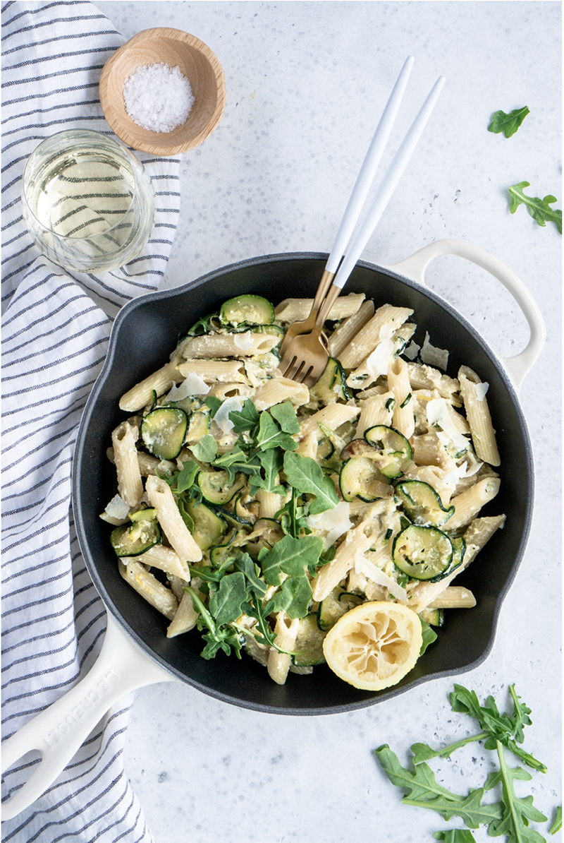 Penne Pasta with Lemony Ricotta Zucchini and Arugula