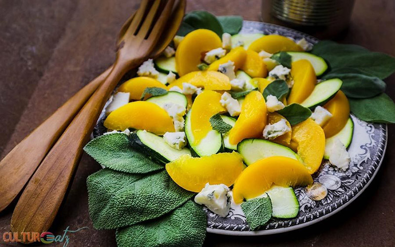 Peach-Zucchini-Salad-with-Sage-Blue-Cheese and a Citrus Espresso Vinaigrette