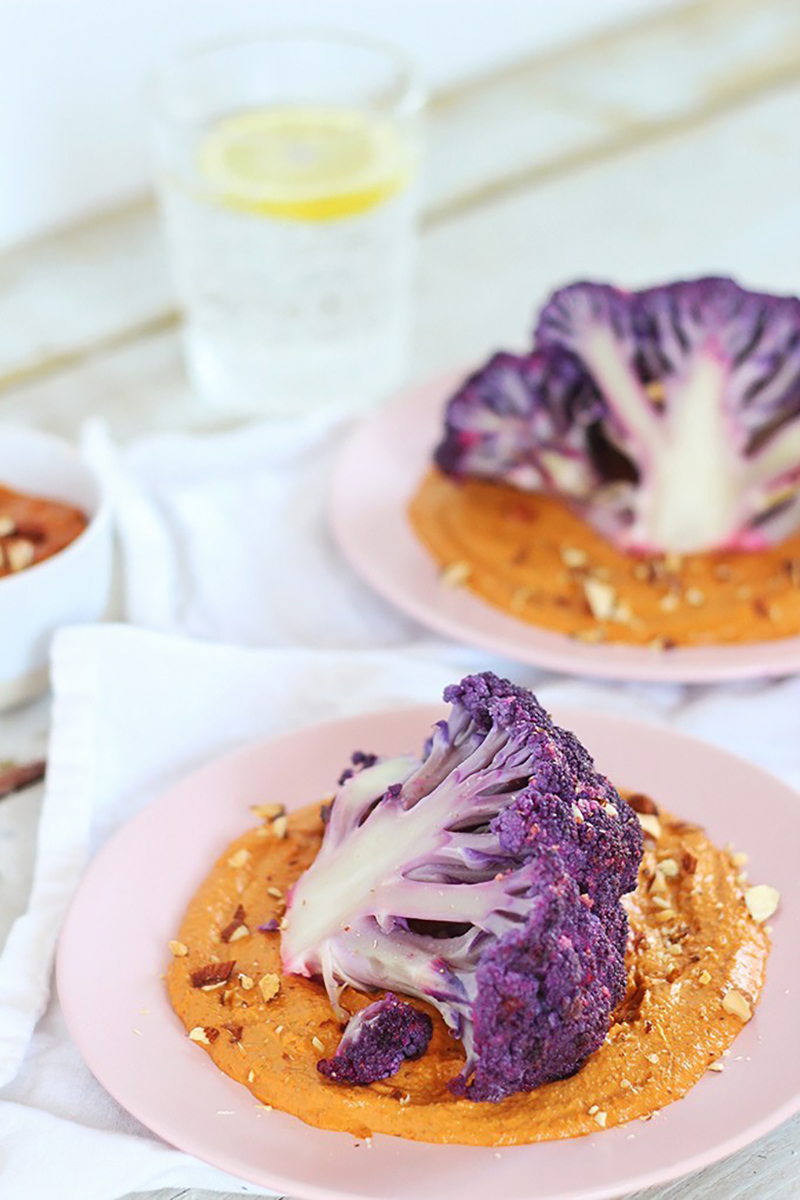 Roasted Purple Cauliflower with Red Pepper Romesco | Justine Celina