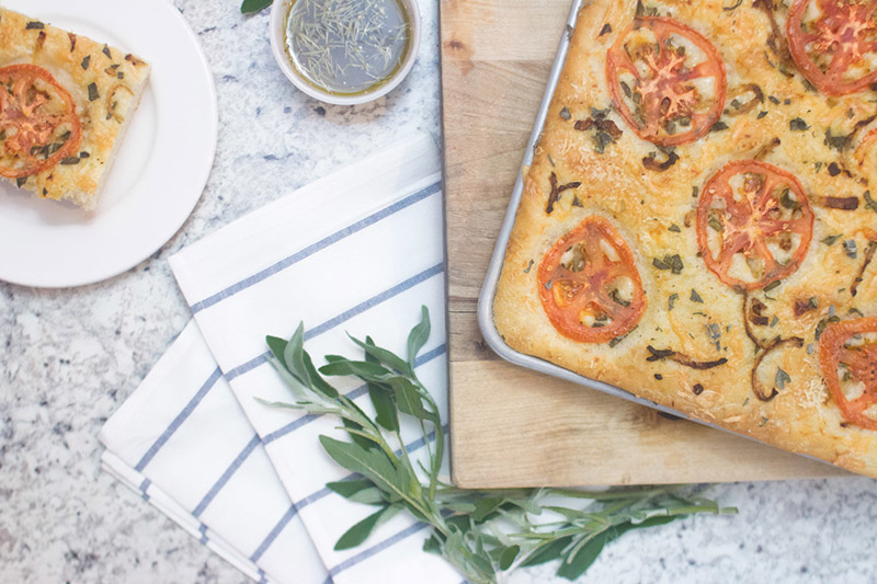 Sage, Tomato and Caramelized Onion Focaccia Bread | Jillian Rae Cooks