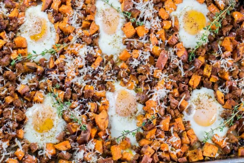 Sheet Pan Sweet Potato Hash with Eggs and Sausage | Noshing with the Nolands