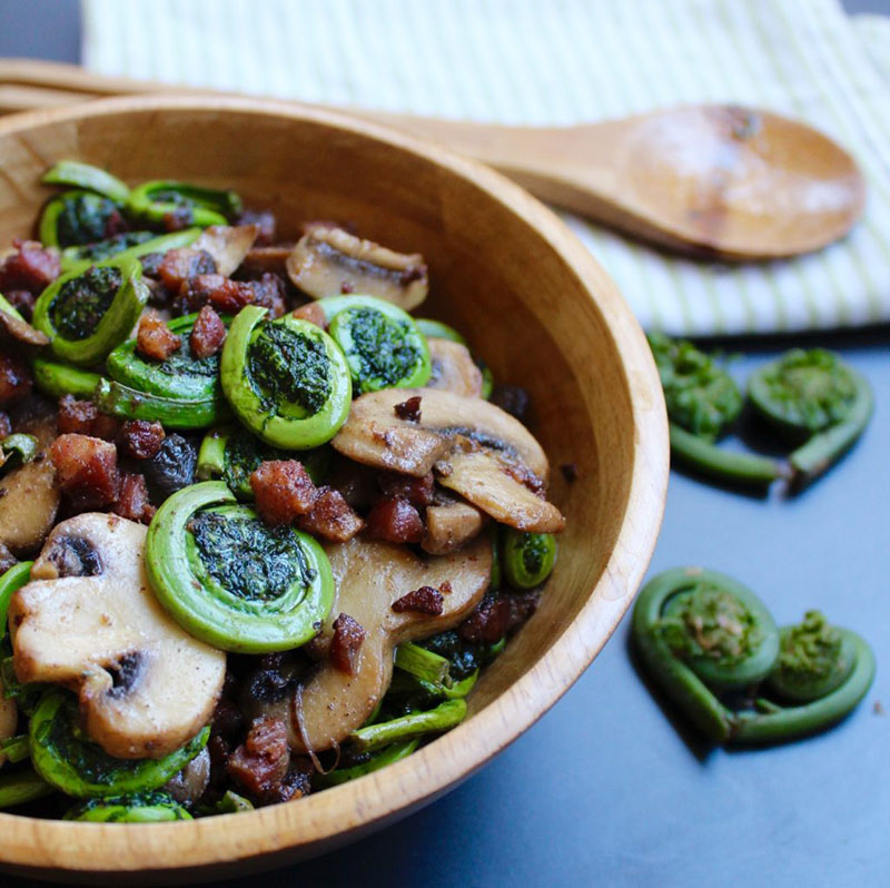Fiddleheads with Mushrooms and Pancetta | Sneaky Mommies
