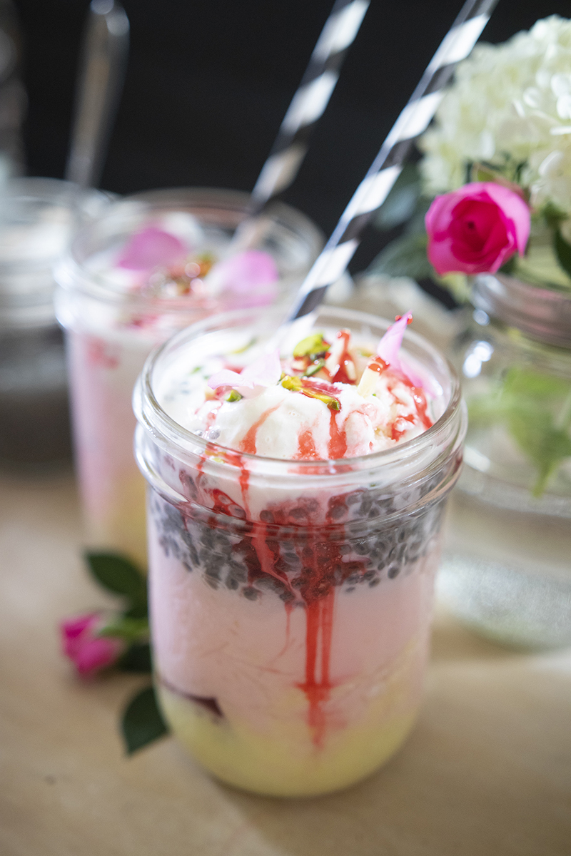 Royal Rose Falooda served in mason jars with straws