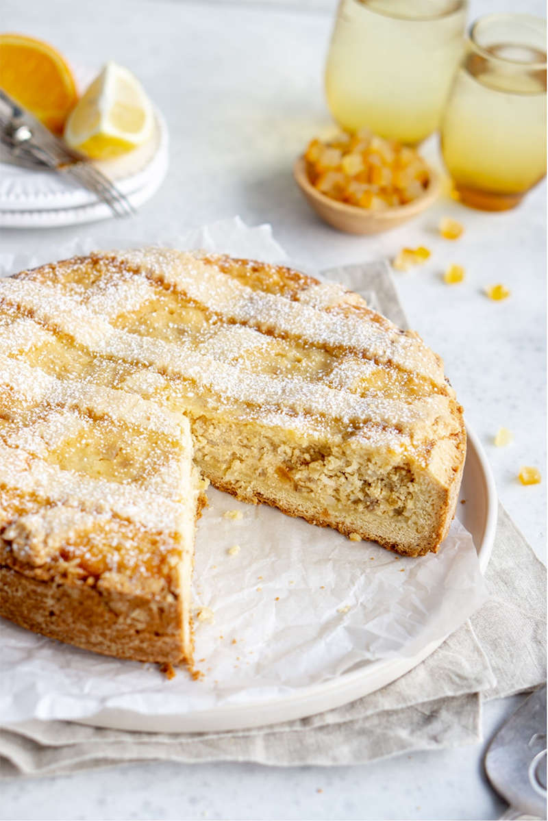 Pastiera Napoletana with a slice missing