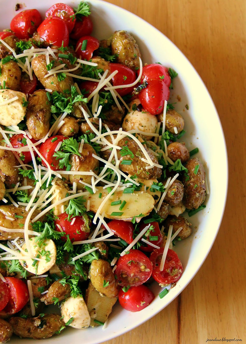 Roasted pesto potato salad with tomatoes