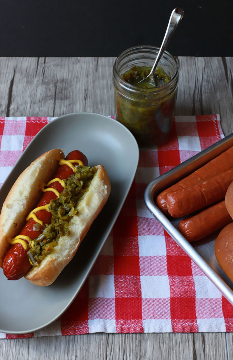 Hotdogs with Dill and Garlic Scape Relish | Dish 'n' the Kitchen