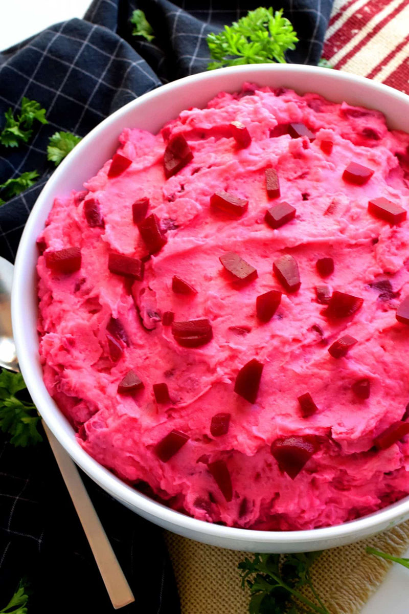 Pickled beet potato salad in a serving dish