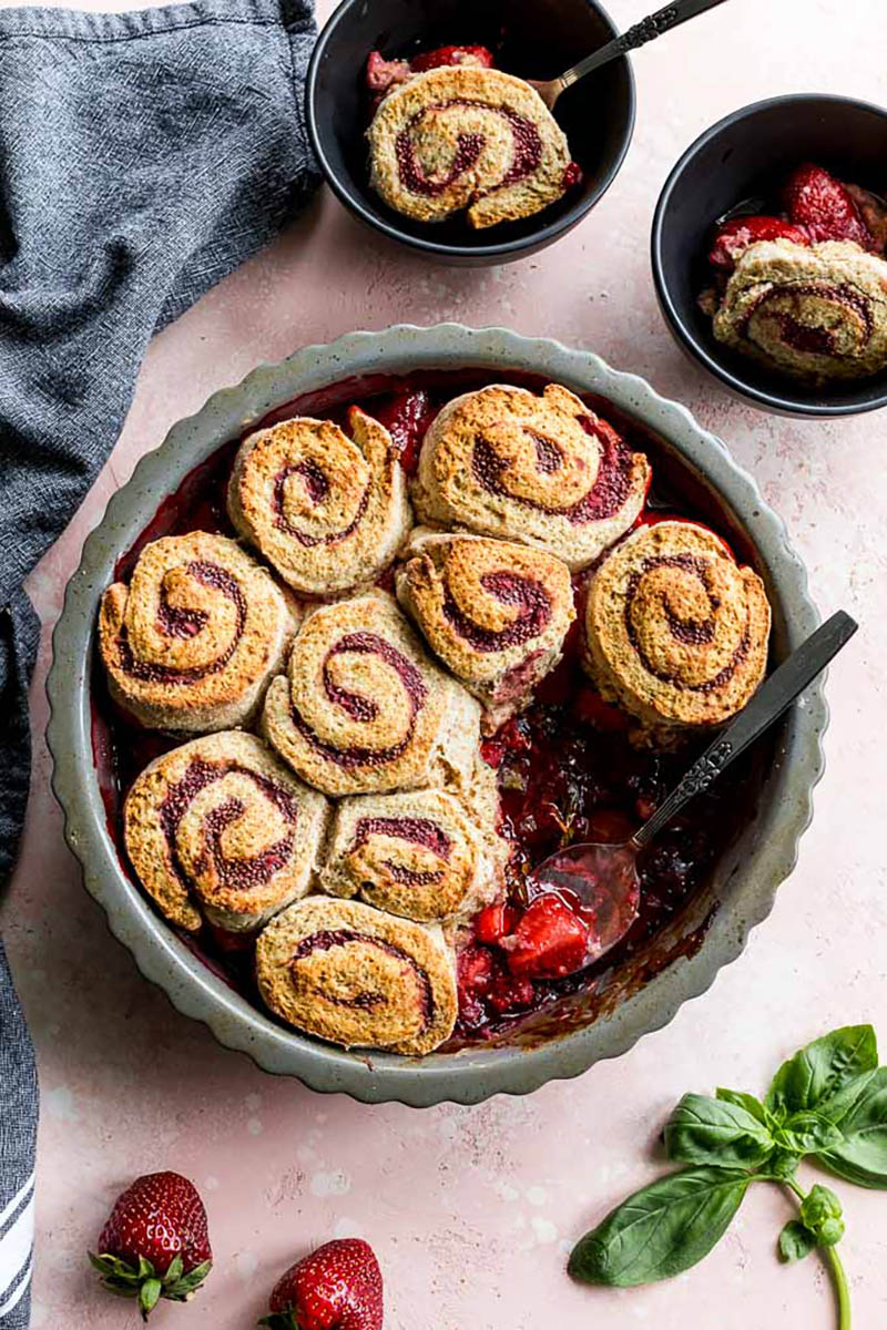 Strawberry Basil Cobbler in the pan