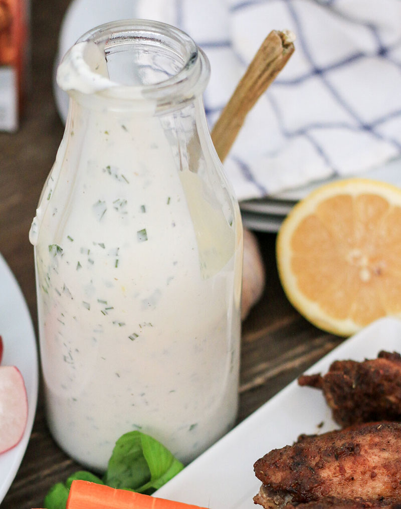 Jar of homemade basil ranch dressing