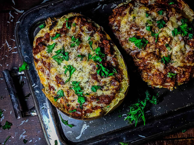 Baked spaghetti squash on a baking tray
