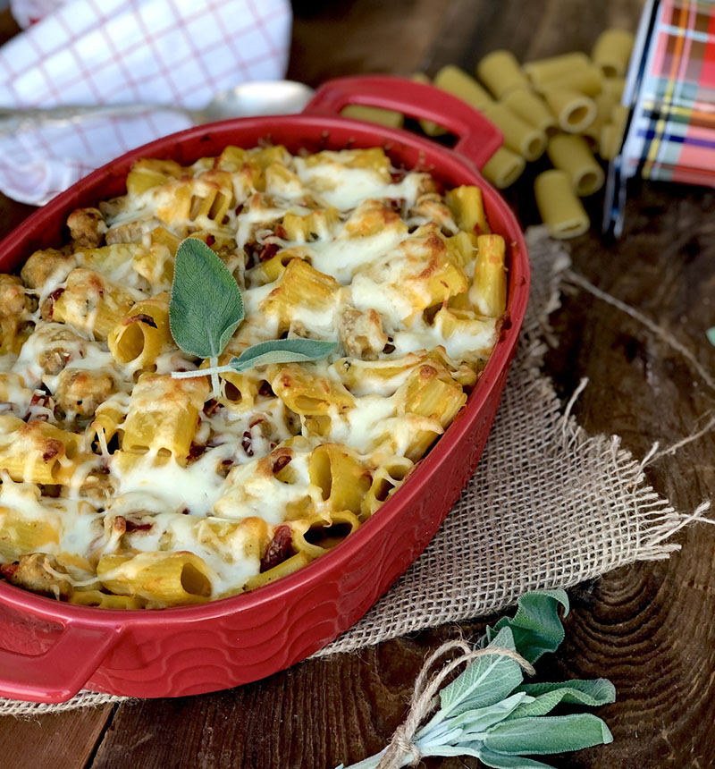 Casserole dish of baked rigatoni.
