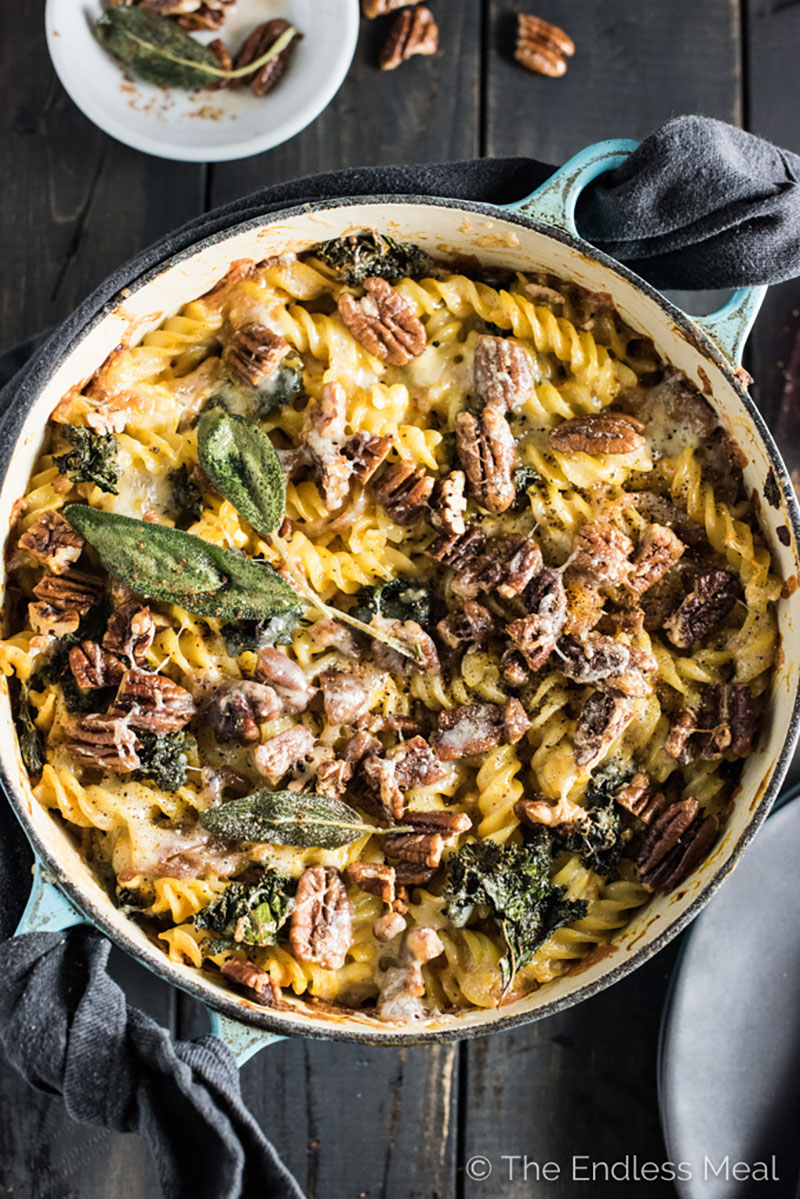 overhead photo of a pumpkin sage pasta bake