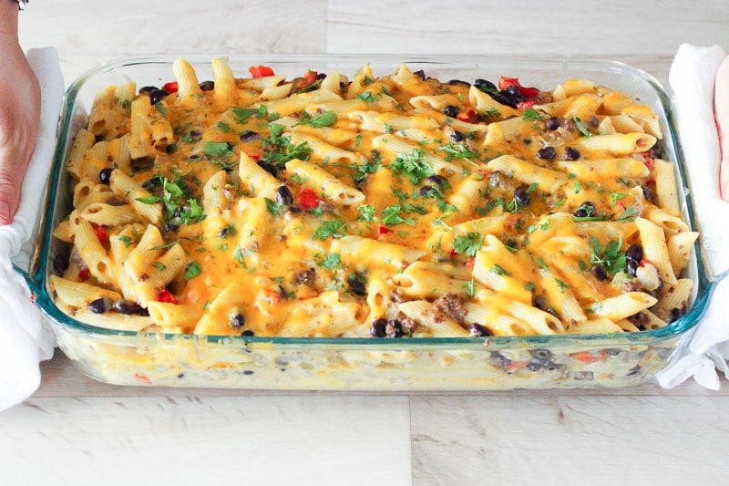Casserole dish of chile con queso pasta bake