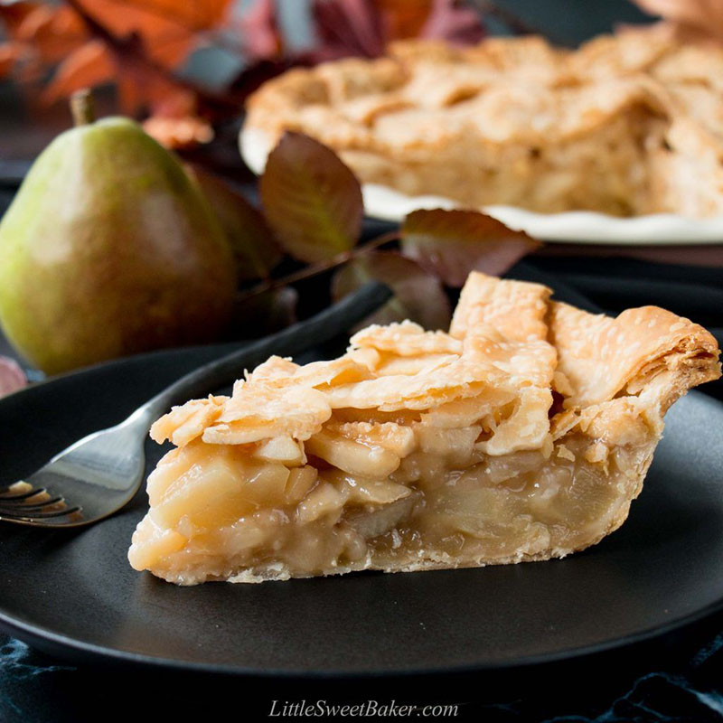 A slice of pear pie on a plate
