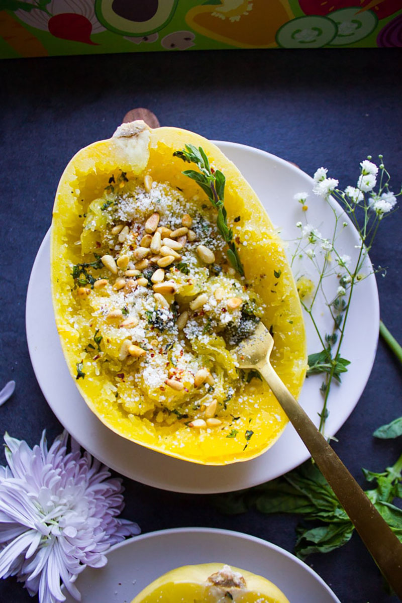 Cooked spaghetti squash with pine nuts
