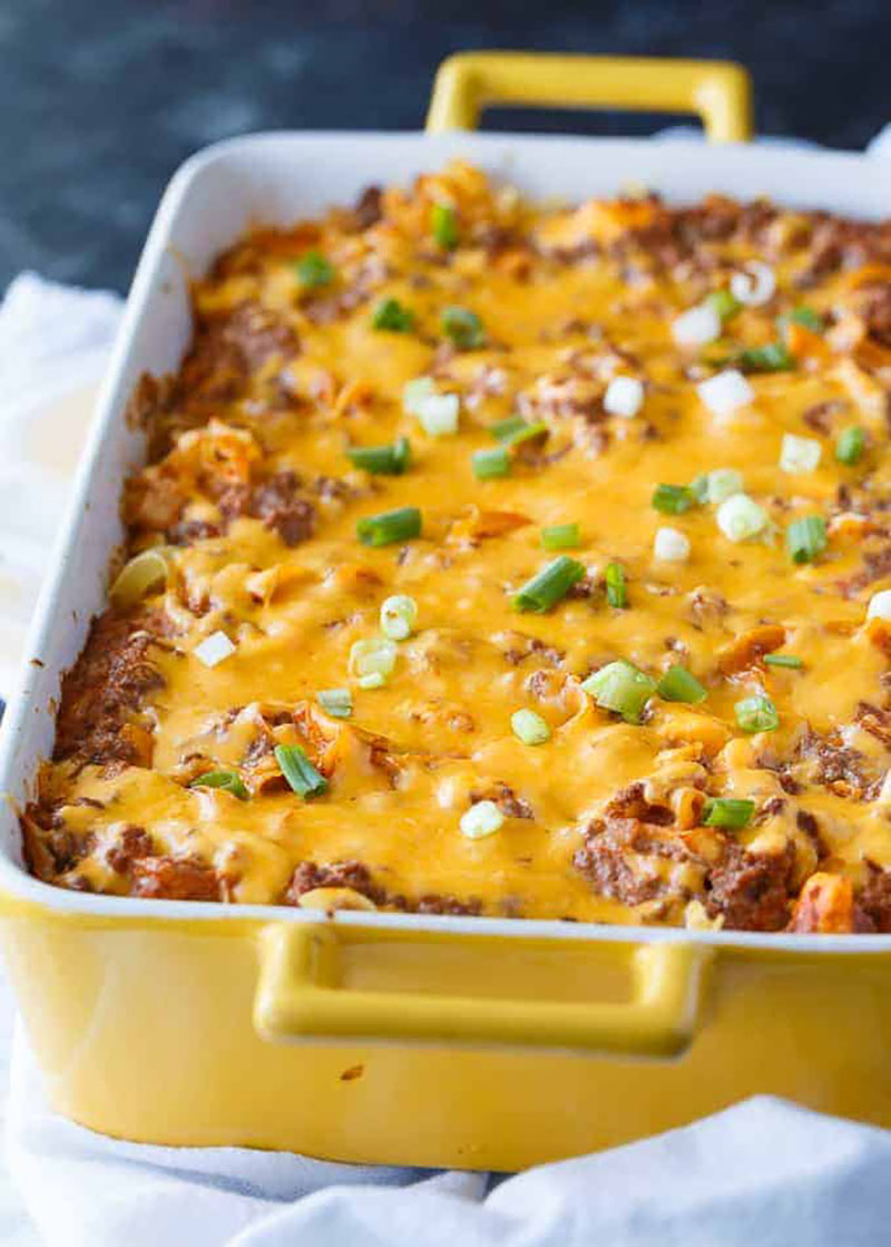 Casserole dish full of beef noodle bake.