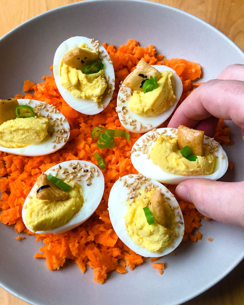 A plate of sesame infused deviled eggs.