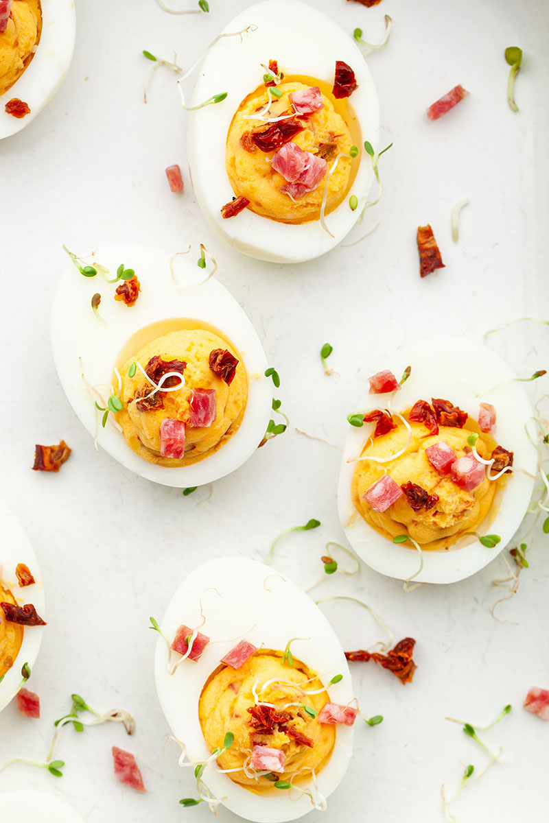 A top down photo of sriracha deviled eggs