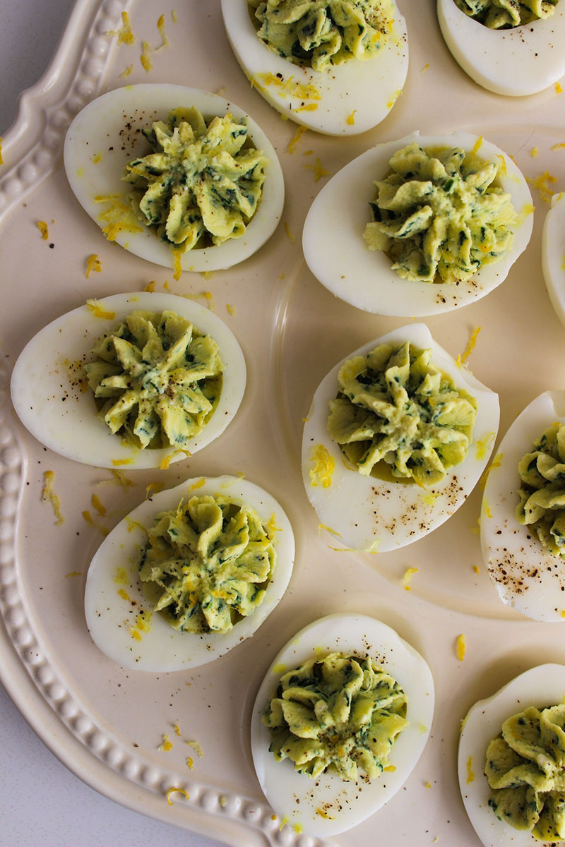A tray of spanakopita deviled eggs