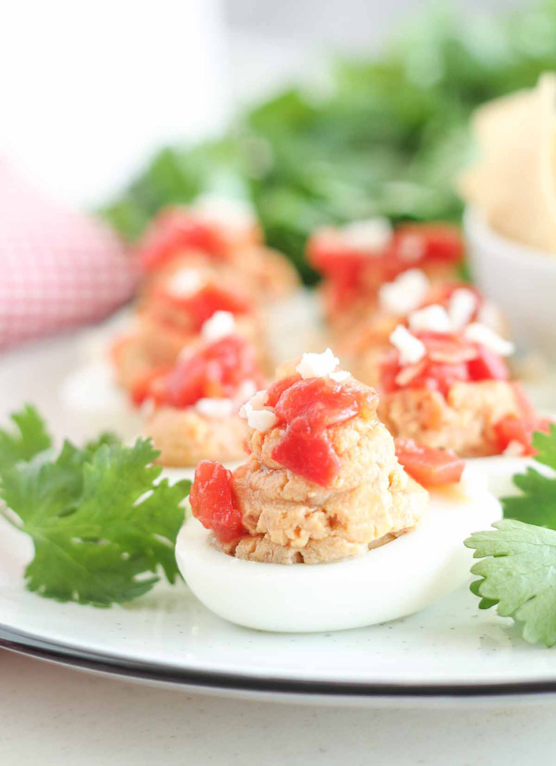 A plate of Huevos Rancheros Deviled Eggs