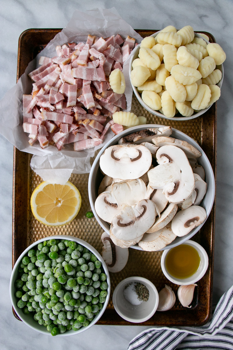 Mushrooms, bacon, frozen peas, lemon and gnocchi.