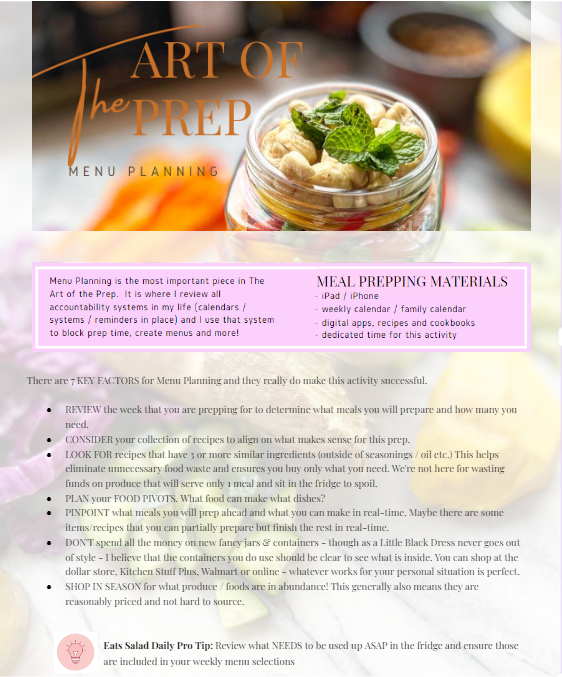 Menu for meal prepping