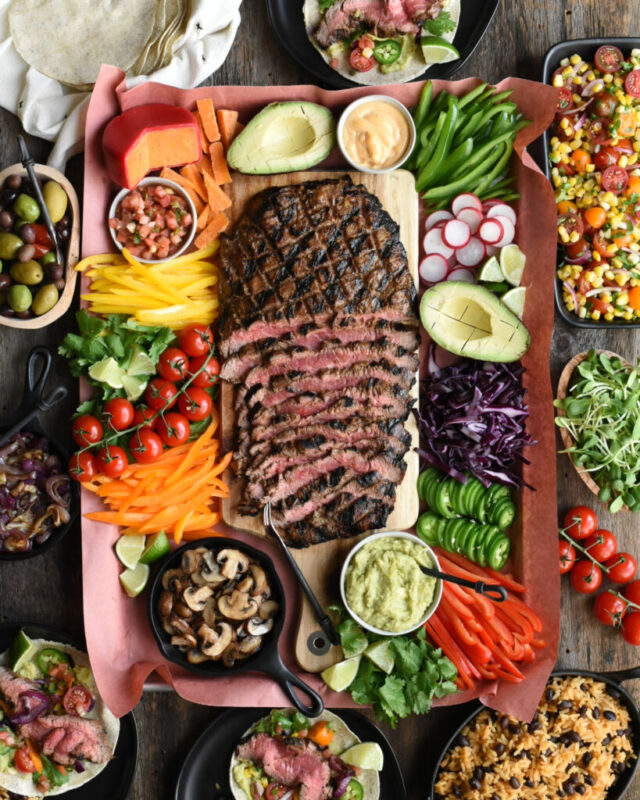 Flank steak tacos with veggies.