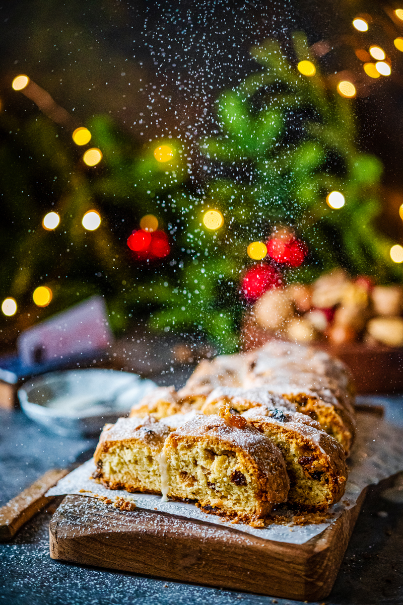 Stollen cake with powdered sugar.