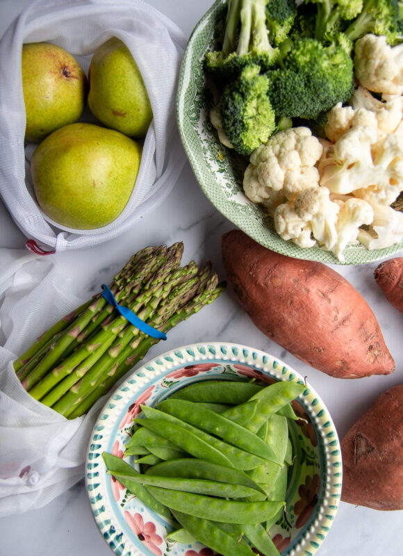 Sweet potato, asparagus, pears, broccoli, cauliflower, sugar snaps. 