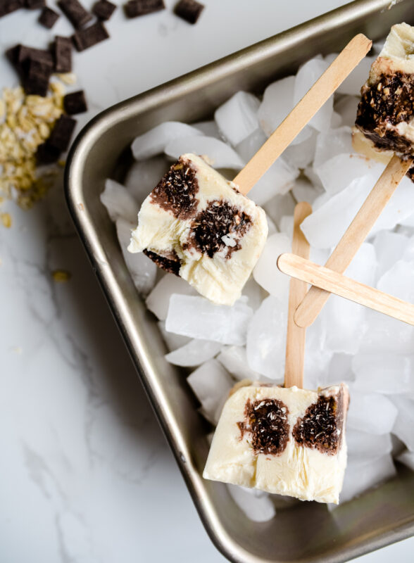Coconut hazelnut ice cream popsicles.
