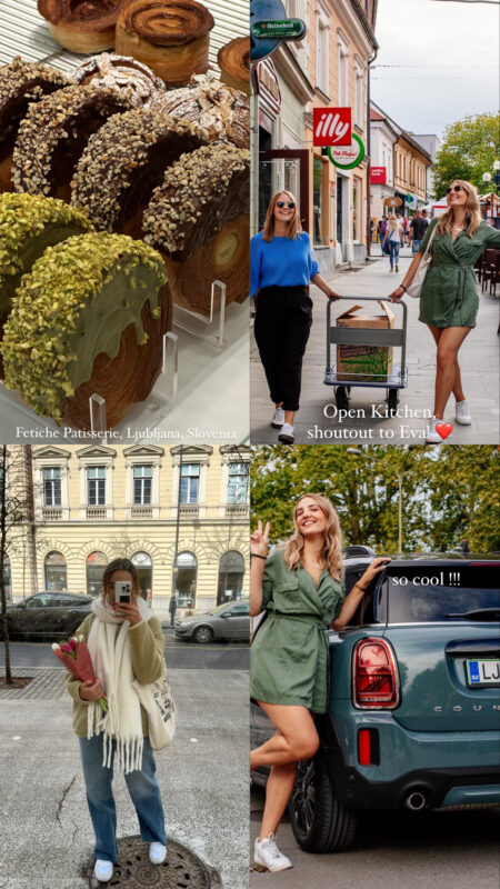 A collage of travel photos: croissants, street.