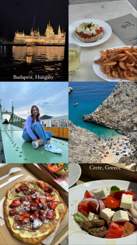 A collage of travel photos in Budapest: sea, 