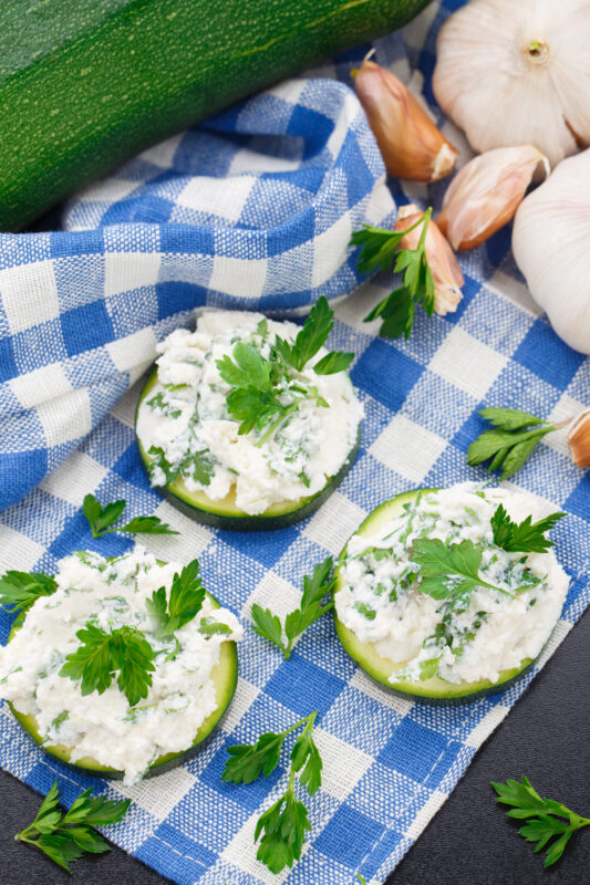 Cucumber medallions with pesto whipped feta.